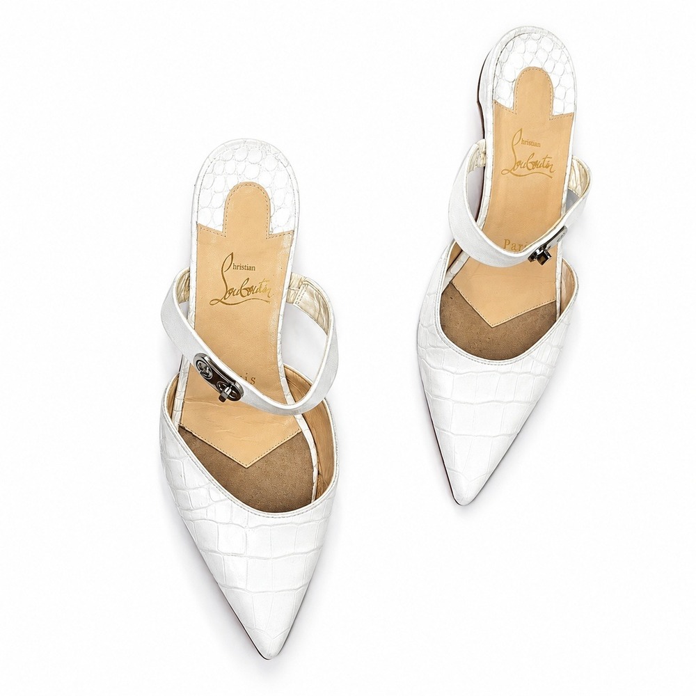 Christian Louboutin CHOC LOCK Croc Embossed Leather Flat Mules White Sz 36